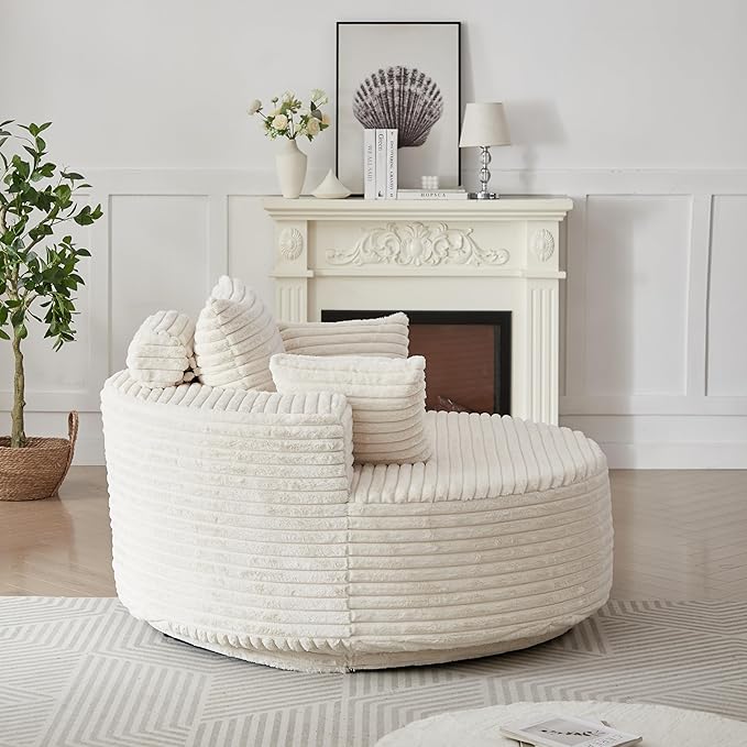 55''L Round Swivel Accent Chair Oversized Plush Corduroy Modern Swivel Barrel Chairs Upholstered Cozy Reading Chair for Living Room Bedroom Home Office (Corduroy Beige)