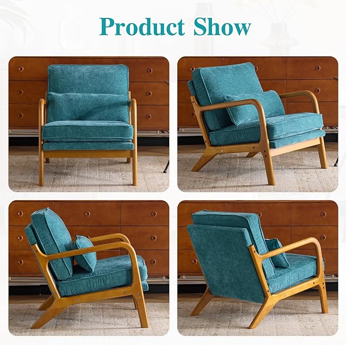 Karl home Mid Century Modern Accent Chair with Lumbar Pillow &amp Oak Arms – Plush Chenille Living Room Chair for Bedroom Lounge (Teal)