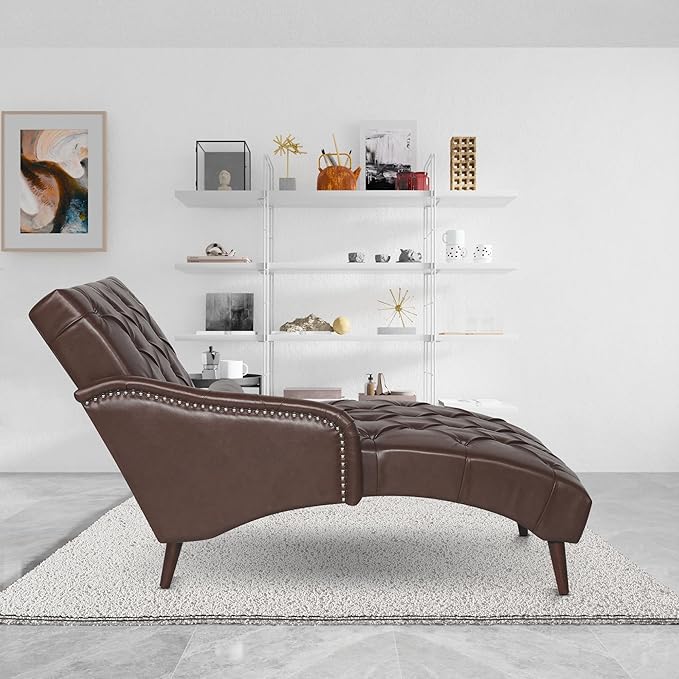 Luxury Indoor Recliner Chair with Pillow &amp Wooden Legs - Tufted Back &amp Arms PU Leather Lounge Chair for Living Room/Bedroom (Dark Brown)