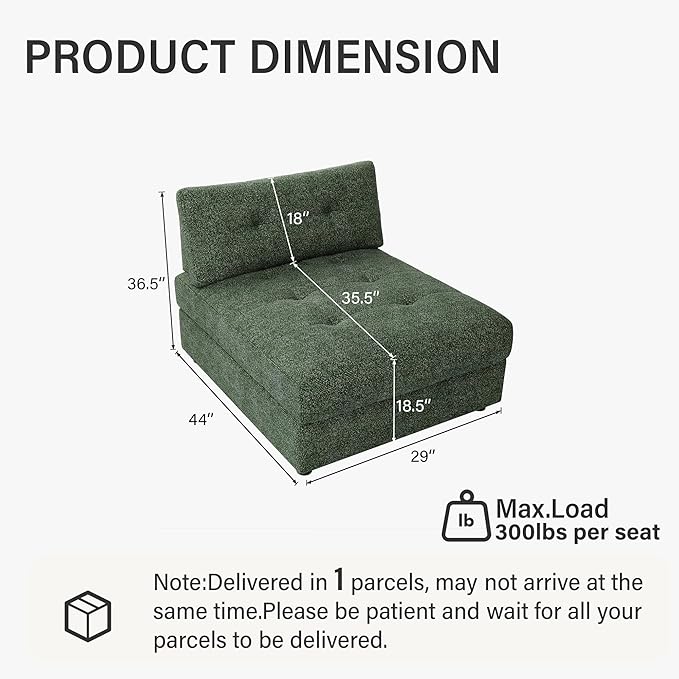 Oversized Modular Sectional Sofa with Adjustable Back Modern Comfy Sectional Couch with Storage Ottoman Deep Seat Chenille Cloud Couch for Living Room Only Single Seat Green