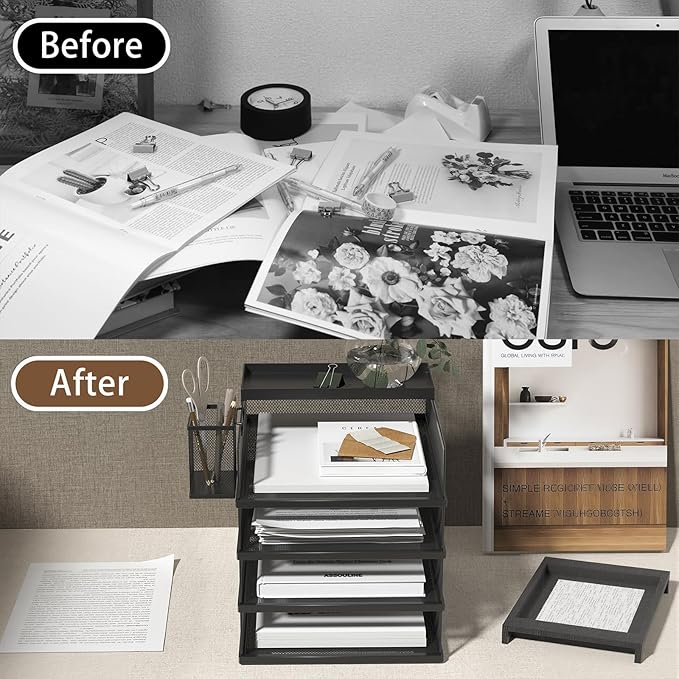 Stackable Letter Trays 4 Tier Metal Paper Tray &amp Desk Organizer Stackable File Trays for Office &amp Home Multi-Functional Document Tray with Fine Grid Design &amp Magnetic LabelsBlack