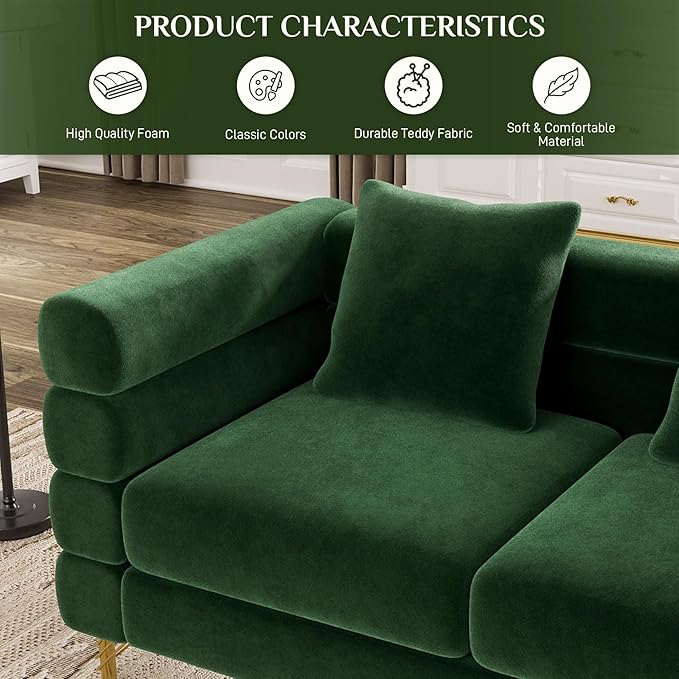 OUYESSIR Living Room Sofa Couch and Loveseat Set Modern Comfy Velvet Deep Seat Cloud Couch with 5 Pillows Oversized Sofa Furniture Sets for Living Room Bedroom Emerald Green Velvet