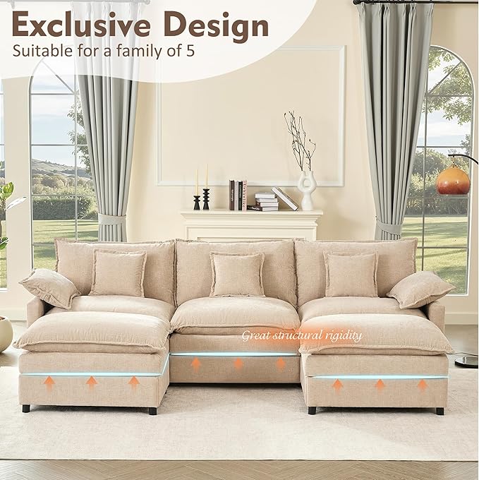 108 U Shaped Couch Modular Sectional Sofa 3-Seater Comfy Cloud Couch Set of Modular Pieces with Movable Ottoman Deep Seat Couches for Living Room Chenille Flat White