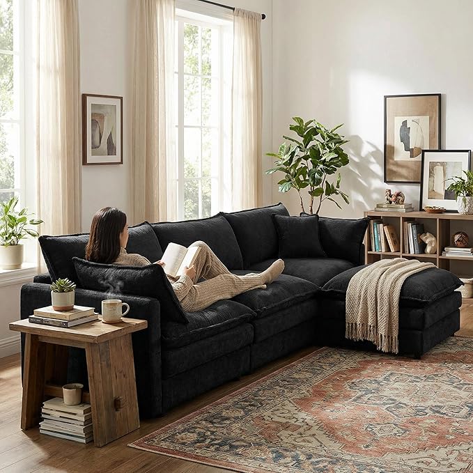 Homy Casa 102 Inch L Shaped Couch Set3-Seat Sectional Sofa with Chaise Comfortable Chenille Fabric Removable Cushions Ottoman DIY CombinationModern Design for Living/Family Room (Black)