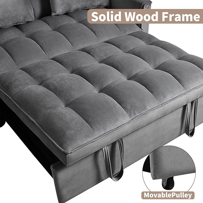 Dark Gray Velvet Pull Out loveseat Sleeper Sofa Bed Convertible Twin Sleeper Chair 3 in 1 Adjustable Backrest with Pillows Pockets Armrests Hidden Stroge for Living Room
