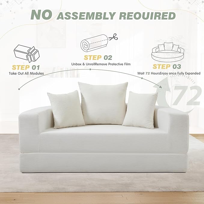 TTK 67” Oversized Round Sofa Bed 2 in 1 Convertible Circle Bed Folding Futon Lazy Floor Round Chaise Lounge Chair Comfy Corduroy Boneless Loveseat Couch for Living Room Apartment No Assembly (Beige)