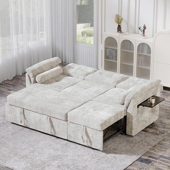 Convertible Queen Sofa Bed 63 Inch Chenille Pull Out Couch with Side Table 3 Seat Pull Out Sofa Bed with Level Adjustable Backrest Comfy Sleeper Sofas for Living Room Apartment Beige