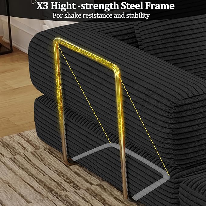 4-in-1 Foldable Sofa Bed Teddy Foam-Filled Compressed Couch Loveseat Sofa Boneless Foldable Convertible Sleeper Sofa Couch for Space Saving Living Room Guest Bed Playroom (Black 53.15Double Sofa)