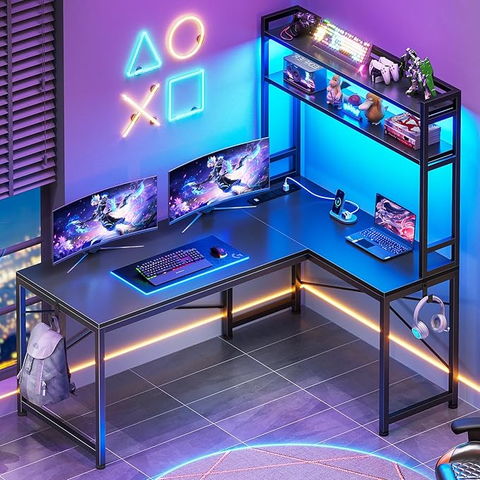 SEDETA L Shaped Gaming Desk Reversible 45.3” Small Corner Desk with Power Outlet and LED Lights Corner Gaming Desk with Storage Shelves Hooks for Small Space Black