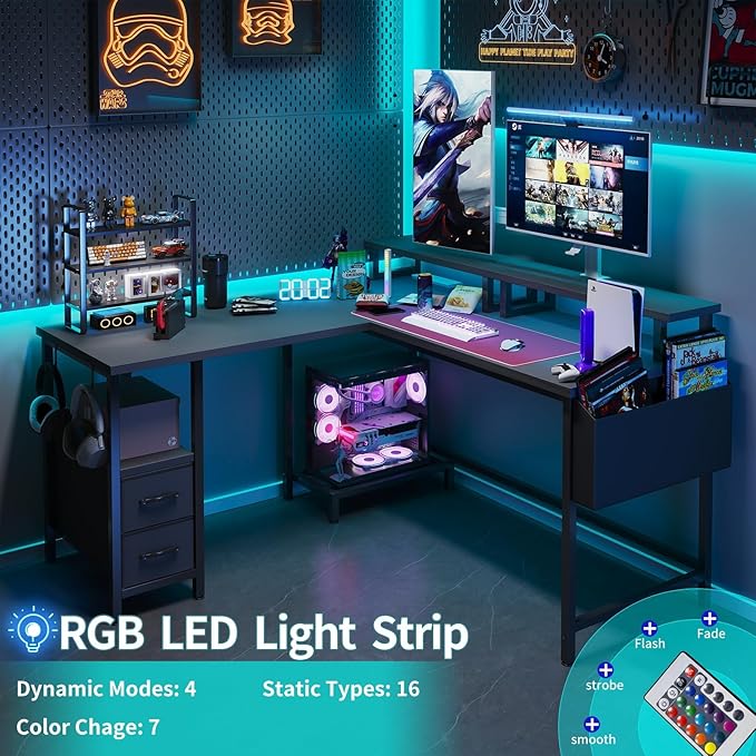 Lufeiya L Shaped Gaming Desk with Led Lights and Power Outlets 47 Inch Corner Home Office Desk with Monitor Stand Shelves Writing Study Computer Desks with Fabric Drawers for Bedroom Black