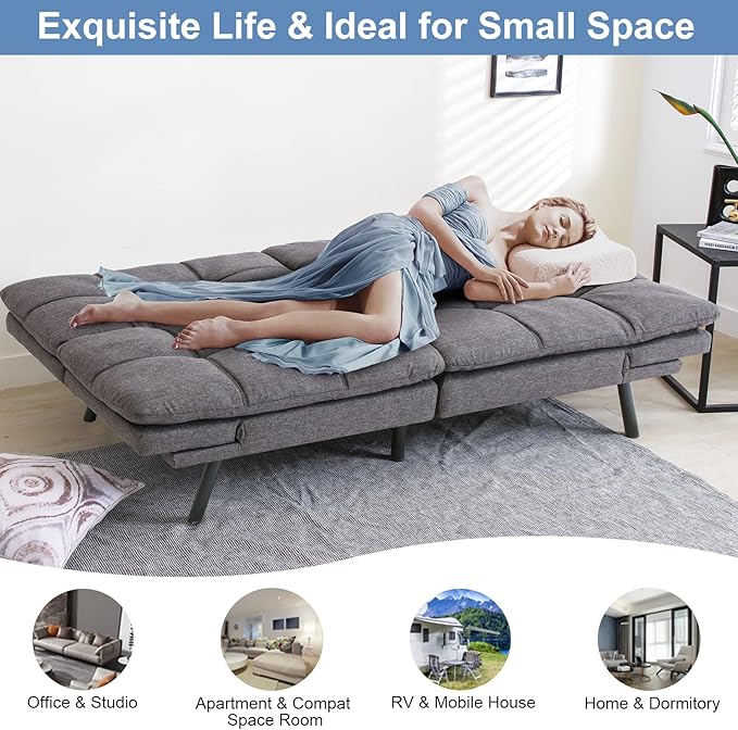MUUEGM Futon Sofa Bed Couch Memory Foam Futon Convertible Couch Bed SleeperModern Love Seat Daybed Sofa for Living RoomSmall SpaceOffice71Adjustable Backrests ArmrestsGrey