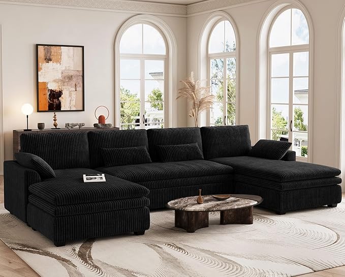 Belffin Large Modular Sectional Sofa with Double Deep Chaise 135 Corduroy U Shaped Sectional Couch with 9 Soft Dual-Layer 6 Seats U Shaped Couch for Living Room Apartment Black
