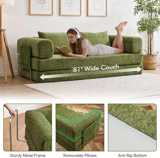 81 Convertible Sofa Bed with Storage Pockets 5-in-1 High Density Foam Boneless Couch Corduroy Folding Futon Sleeper Sofa for Living Room Bedroom Apartment No Assembly Required Green