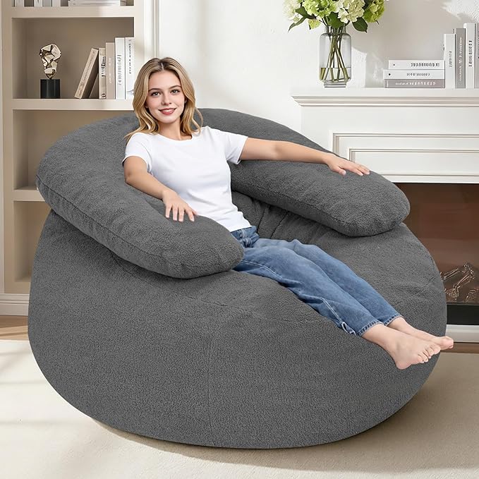 HABUTWAY Giant Bean Bag Chair Oversized Beanbag Chair with Filler Ultra Soft Teddy Fleece Bean Bag Lounge Floor Sofa w/U-Shaped Pillow for Gaming Reading Grey &amp Grey