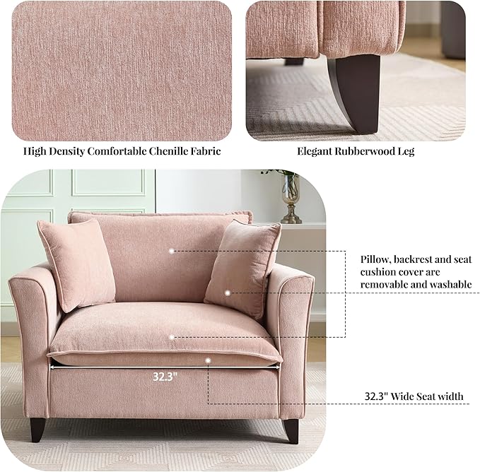 46.30 Oversized Armchair Chenille Fabric Comfy Chair and a Half Single Sofa with Pillow for Living Room Bedroom Office Apartment Pink