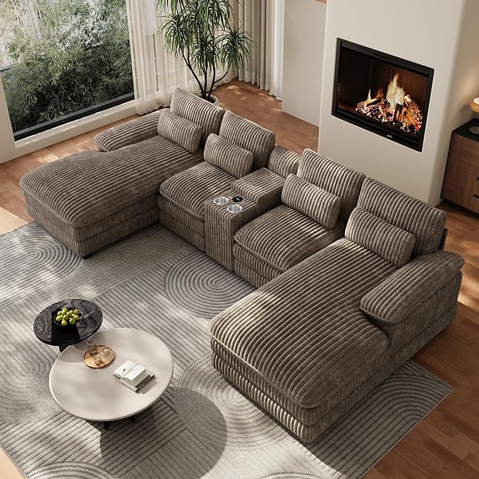 133 Oversized U Shaped Cloud Couch Modular Sectional Couches for Living Room Comfy Corduroy Deep Seat Sofa Set with Double Chaise Lounge Storage Central Console Cup Holders USB Port Brown