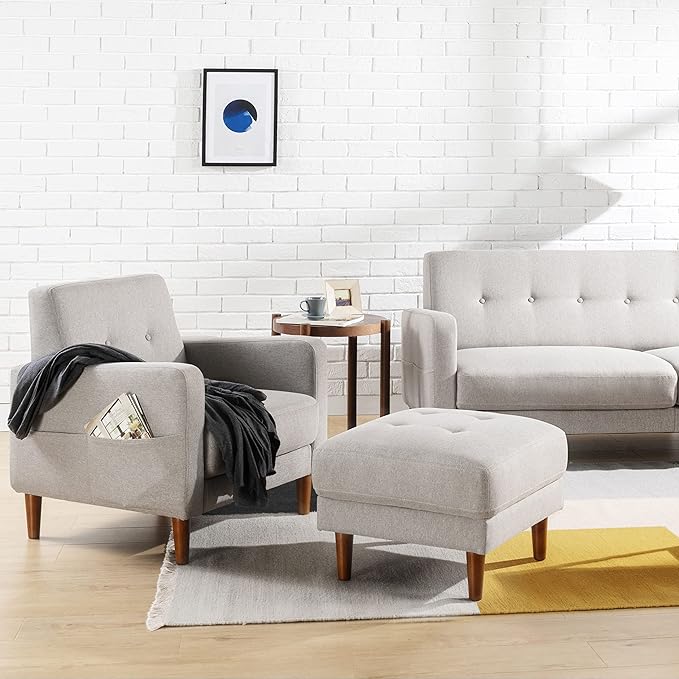 Mellow ADAIR Mid-Century Modern Armchair with Armrest Pockets Tufted Linen Fabric Light Grey