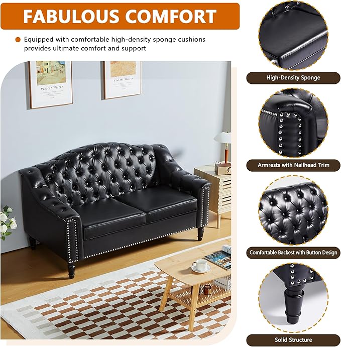 AVZEAR Chesterfield Loveseat Sofa Mid-Century Modern Upholstered PU Sofa 2 Seater Couch with Nailhead Trim and Button Tufted for Living Room Office Bedroom Black