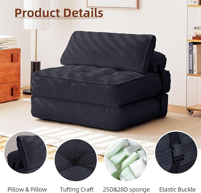 HOMREST Folding Sofa Bed Convertible Sleeping Chair with Backrest Support and Soft Corduroy FabricFold Couch Bed with Pillow for Small Spaces/Living Room/Bedroom/Apartment Single SizeBlack