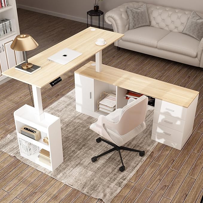 Homsee Home Office L Shaped Electric Standing Desk with Drawers and Shelves Height Adjustable Stand up Desk 63 Computer Executive Corner Table Oak &amp White