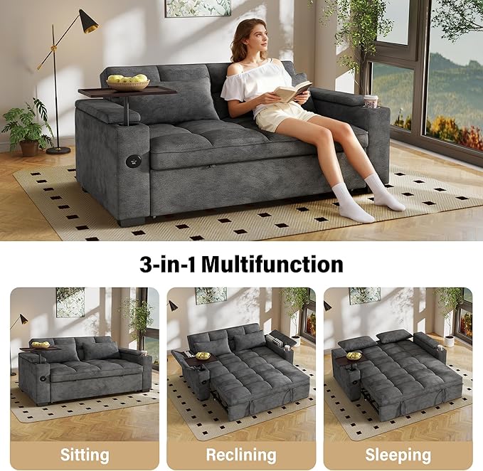 65'' Sleeper Sofa with Pull Out Bed 3 in 1 Convertible Sofa with Cup Holder and Storage Armrests Chenille Loveseat with Swivel Table Adjustable Backrest &amp Charging Ports for Living Room Grey