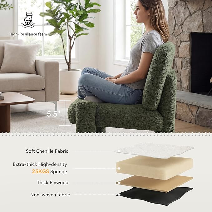 HNY Modern Accent Living Room Chairs Set of 2 Green Boucle Reading Chair Armless Lounge Chair Comfy Barrel Chair Sherpa Cloud Chair with Wood Frame for Living Room Small Spaces Bedroom Apartment