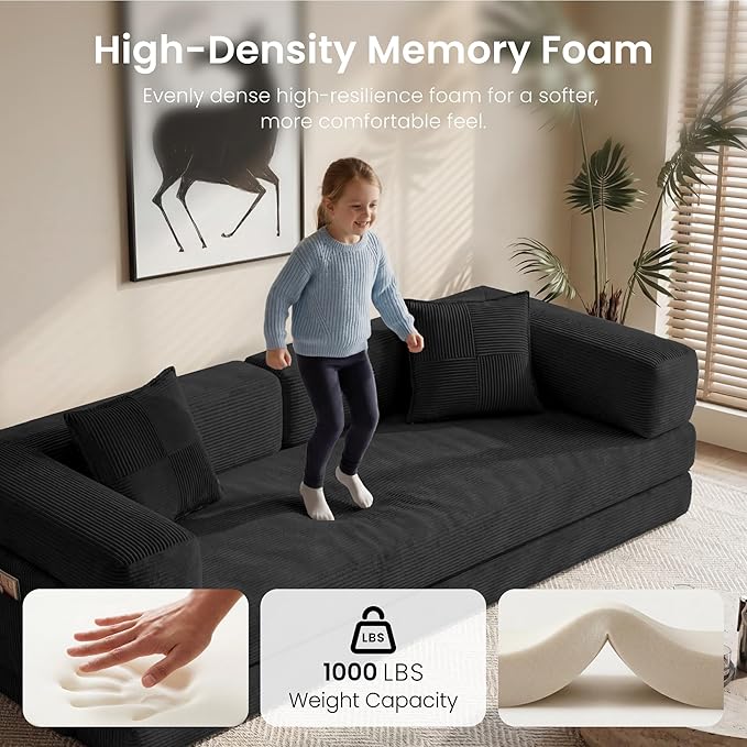 Convertible Floor Sofa Couch | 98.4’’ Folding Futon Sofa with Storage Pocket Oversized Corduroy Loveseat Sleeper Sofa with Pull Out Bed Modular Sectional Sofa for Apartment | Black