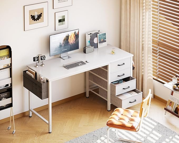 Casaottima 48-Inch Computer Desk with 4 Fabric Drawers — Home Office Desks with Storage Writing Desk with Side Hook and Cloth Bag Modern Study/Work Table for Bedroom and Small Space White