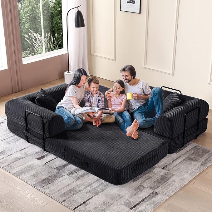 Convertible Folding Sofa Bed Corduroy Sleeper Mattress Couch with Fixed-Shape Frame Free Combination Loveseat Lounge Floor Sofa Queen Size Memory Foam Couch for Living Room Bedroom Black