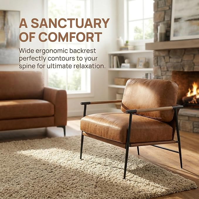 DUOMAY Mid-Century Modern Accent Chair Set of 2 Armchair Brown PU Leather Sofa Lounge Bedroom Chair with Metal Leg for Living Room Reading Office