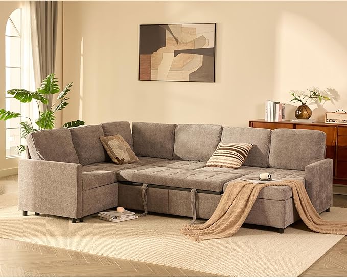 107 Modular Sectional Sleeper Sofa Set of Modular Pieces with Pull Out Bed U Shaped Sectional Couch with Storage Extra Wide&ampDeep Seat Couches for Living Room Removable Sofa Cover Chenille-Sl