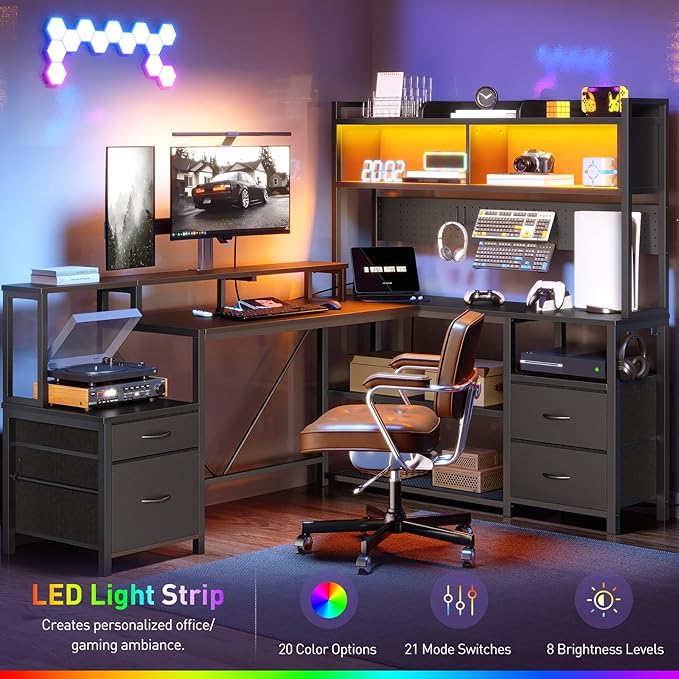 75inch L Shaped Computer Desk with Drawers Large Gaming Desk with LED Light &amp Power Outlets Corner Computer Desk with Storage Shelves &amp Monitor Stand for Home Office Black