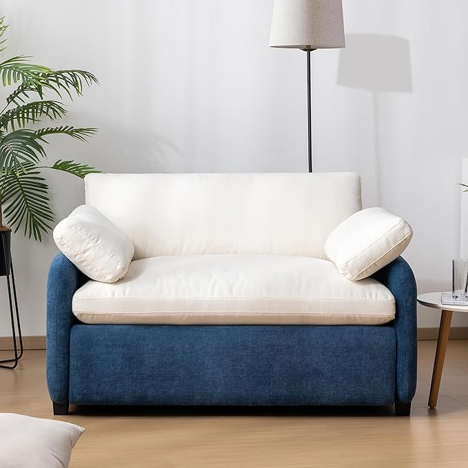 50 * 43 Oversized Single Sofa Chair Modern Chenille Upholstered Armchair Wide and Deep Seat Accent Chair with Two Throw Pillows Color Blocking Couch Lounge for Living Room (Blue+Cream/5)