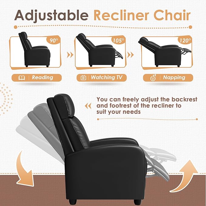 GUNJI Recliner Chair for Adults Modern PU Leather Adjustable Reclining Chair for Living Room Home Theater Seating with Footrest (Black)