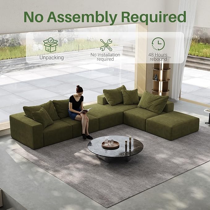 162 Oversized Cloud Couch Upholstered Modular Sectional Sofa with 6 Pillows Deep Seat Chenille Couches for Living Room Free Combination No Assembly Required (Green)