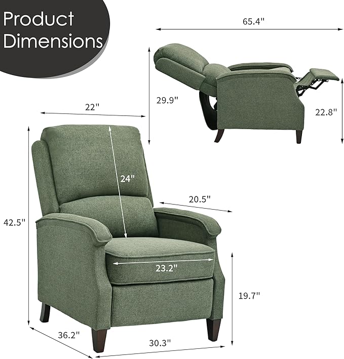 VKNOW Recliner Chair Fabric Recliner with Soft Armrest Home Theater Seating with Adjustable Push Back and Lumbar Support Single Sofa for Adults Lounge Chair for Living Room Bedroom（Green）