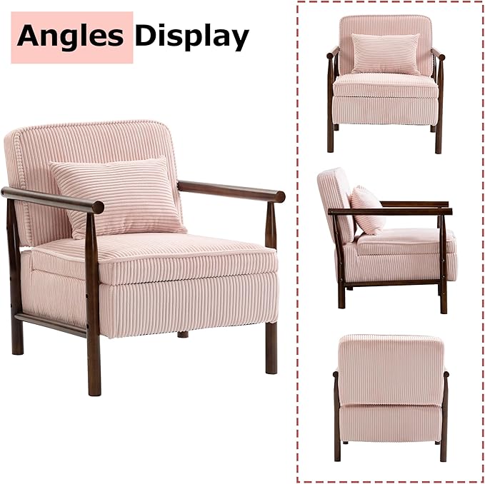 Accent Chair Comfy Modern Mid-Century Accent Chairs with Storage Corduroy Upholstered Lounge Armchair with Solid Wood Reading Side Single Sofa for Living Room/Office/Balcony/Bedroom-Pink