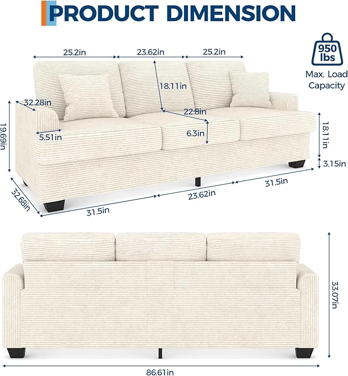 IDEALHOUSE Modern 86 Corduroy Sofa with 2 Throw Pillows Deep Seat Couch with Upholstered Cushion &amp Removable CoverComfy Corduroy Sofa Couch for Small Space Apartment Lounge Beige