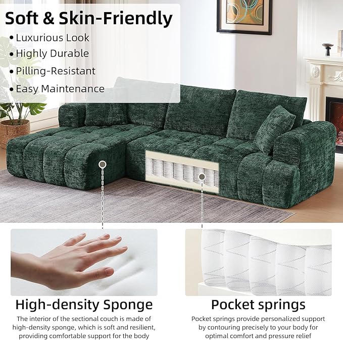 110 Inch Cloud Sectional CouchModern Upholstered Sofa with Deep SeatChenille Boneless Couches with L-Shape ChaiseSponge Compressed Couches for Living Room (Dark Green Left Facing Chaise)