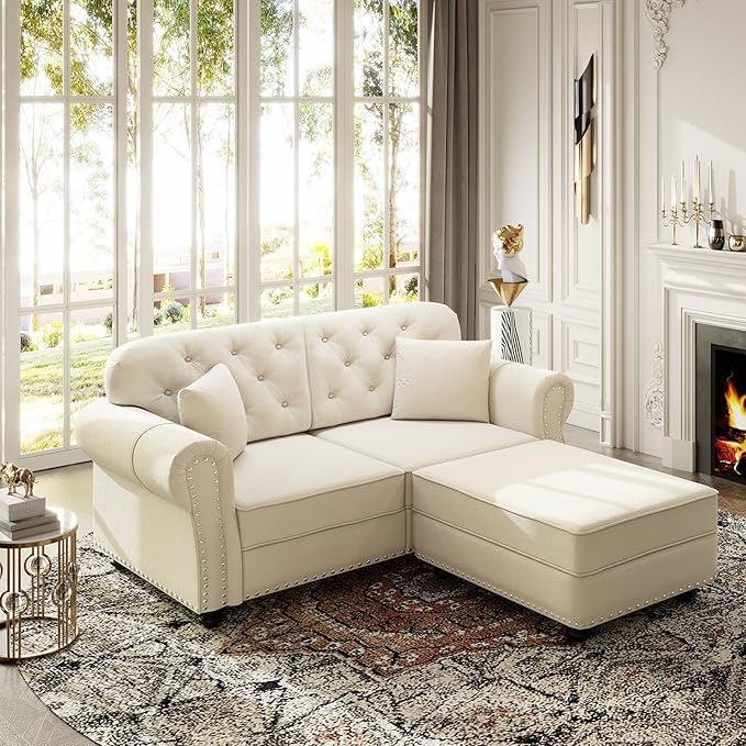 3 Pieces Chesterfield Sofa Set with Ottoman 2 &amp 3 Seater Comfy Tufted Velvet Couch with Rolled Arms &amp 5 Pillows Mid Century Modern Couch and Loveseat Vintage Living Room Sets Furniture (Bei