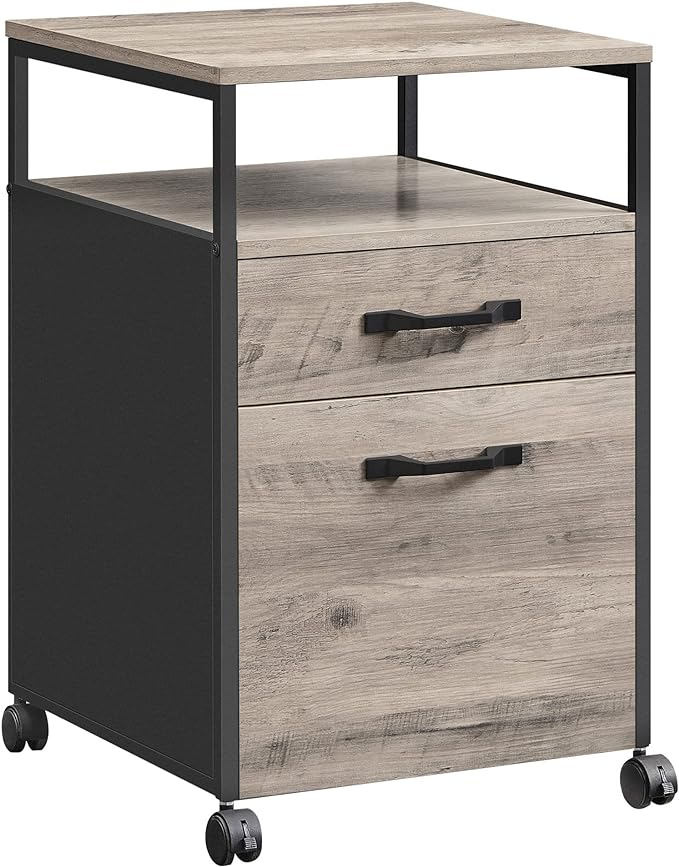 VASAGLE File Cabinet Mobile Filing Cabinet with Wheels 2 Drawers Open Shelf for A4 Letter Size Hanging File Folders Heather Greige and Ink Black UOFC071B02