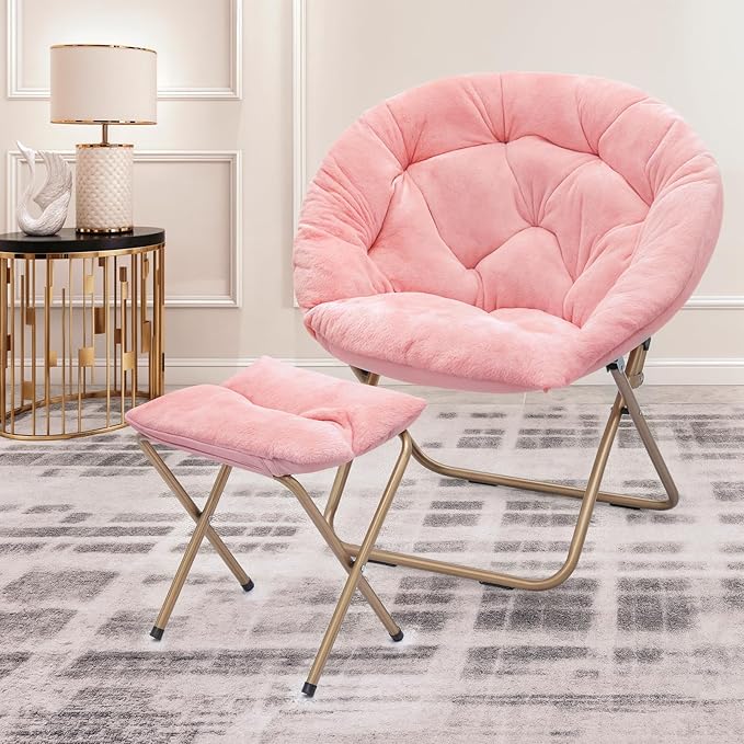 MoNiBloom Round Folding Faux Fur Saucer Chair for Bedroom Living Room Dorm Foldable Metal Frame Oversized Large Comfy Furry Padded Soft Cozy Moon Chair with Footrest Ottoman for Adults (Pink)