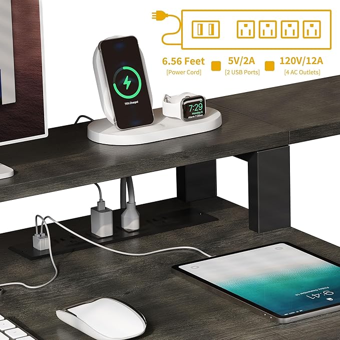 DWVO L Shaped Desk with Drawers 65 Computer Desk with Power Outlets &amp LED Lights Corner Home Office Desk with Storage Shelves &amp Printer Stand Grey