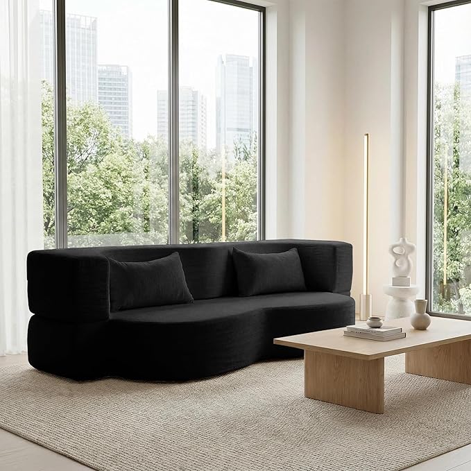 Modern Convertible Sleeper Sofa BedCompact Couch Loveseat Sofa Curved Seating Floor Couch Comfy Teddy Fabric SofaSoft Cloud Couch with Pillows for Apartment Living Room Bedroom (Black)