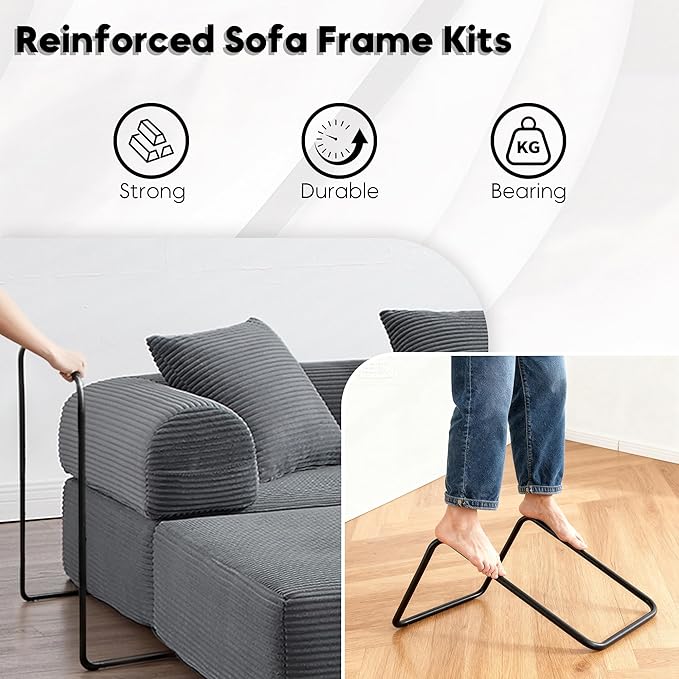 Oversized Modular Cloud Couch for Living Room Corduroy L-Shaped Sectional Sleeper Sofa Bed with Fixed-Shape Frame Modern Boneless Couch with Pillows &amp StorageGrey