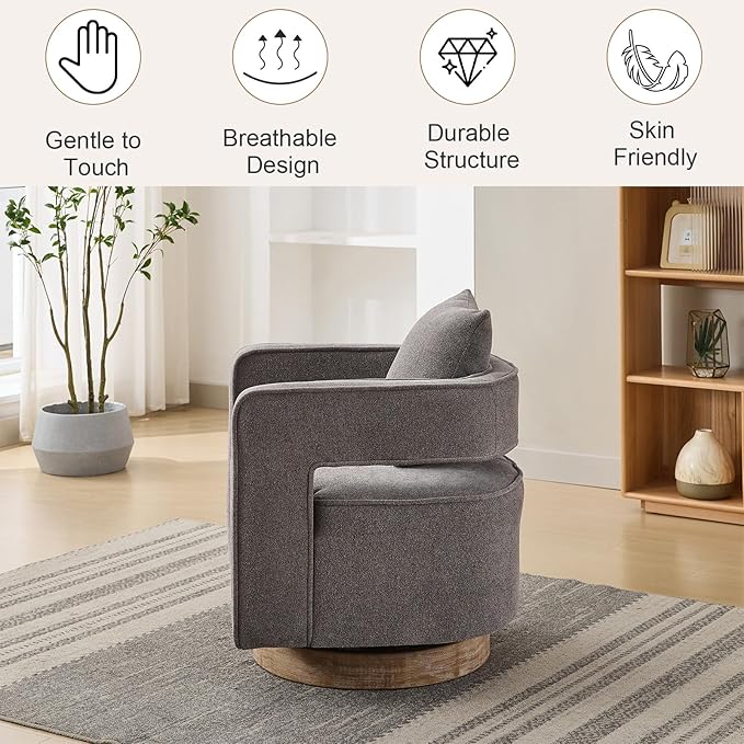 Swivel Accent Chairs Set of 2 Upholstered 360° Round Barrel Arm Chair with Open Back &amp Wood Base Comfy Linen Blend Square Single Club Chair for Living Room Bedroom Office Hotel Reception (Charco