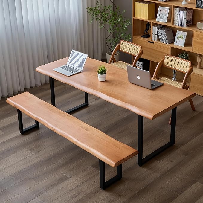 Stylish Brown Wooden Long Bench with Sturdy Metal Legs – Versatile Seating for Office Restaurant Living Room and Meeting Room(Brown Bench 55.12in)