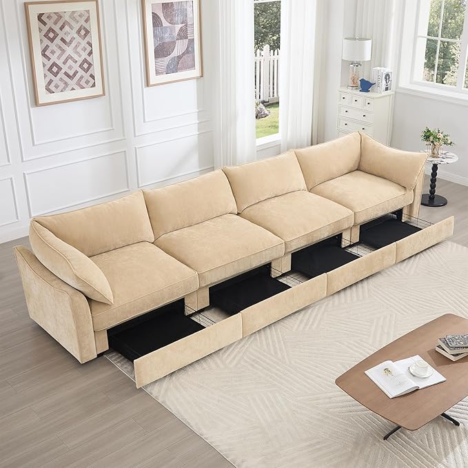 Modular Sectional Sofa with Pull out Storage Drawers 146.4 Comfy Upholstered Chenille 4-Seat Sofa Oversized Deep Storage Seat Couch 2 Armrest Pillows for Living Room Bedroom Apartment Wheat