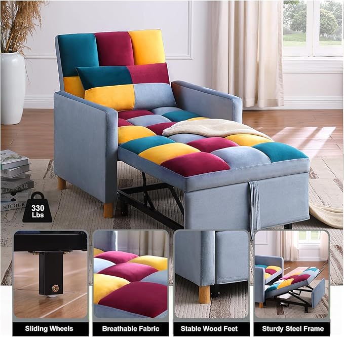 3-in-1 Convertible Chair Bed Single Sofa Bed with Adjustable Backrest Lounger for Living Room (Rainbow)