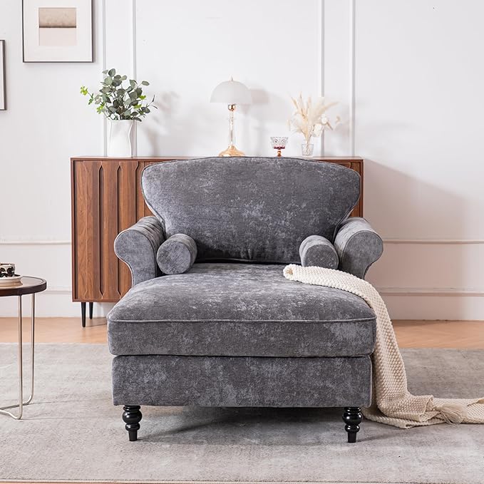 KEIKI Oversized Chaise Lounge Chenille Upholstered Single Sofa Couch BedLazy Sleeper Armchair for Living RoomBedroom